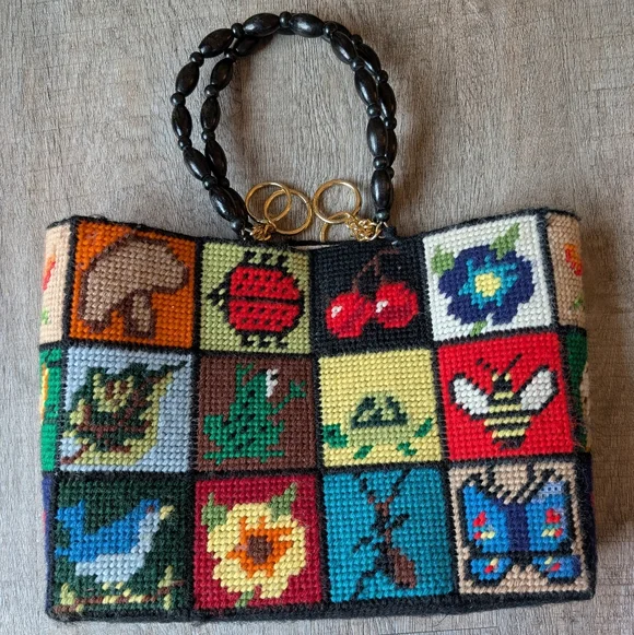 1970s Columbia Minerva "Ecology" Needlepoint Handbag Patchwork Vintage - Picture 1 of 10